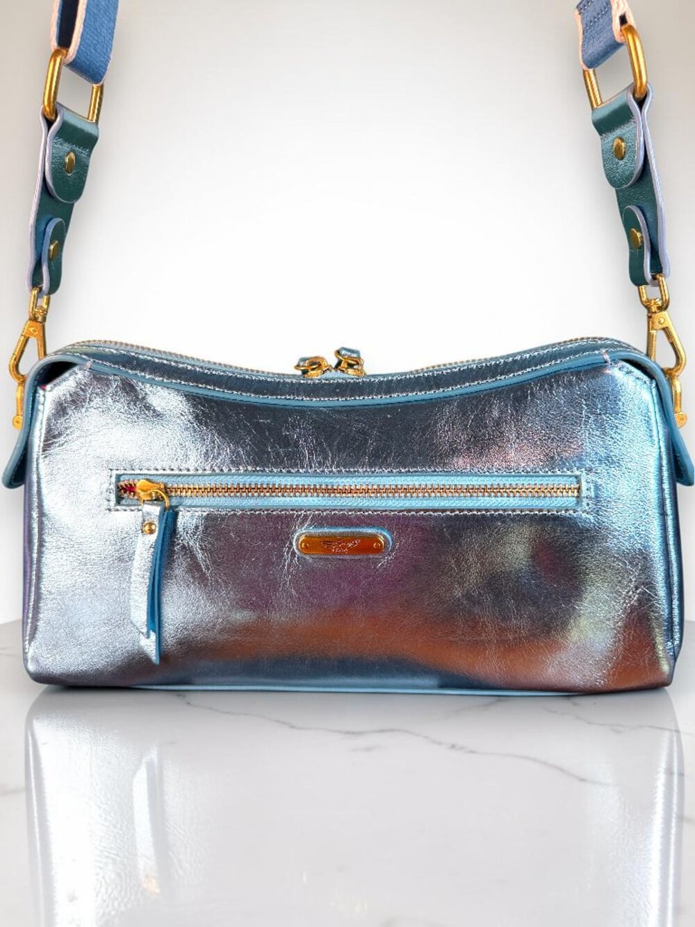 Sharif 1827 Metallic Peacock Blue Embossed Leather Crossbody Shoulder Bag - Picture 6 of 13
